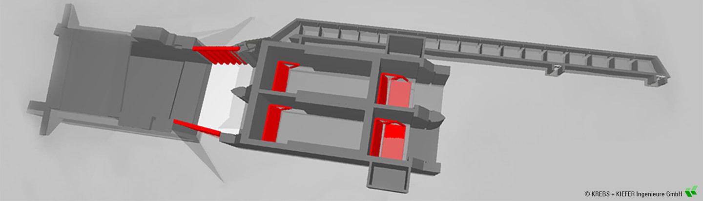 3D-Modell der Wehr- und Hochwasserschutzanlage Wehningen mit einer Fischaufstiegsanlage